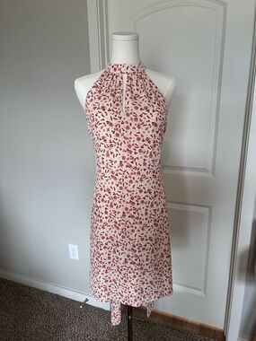 Halter Midi Dress in Cream with Pink Floral Print